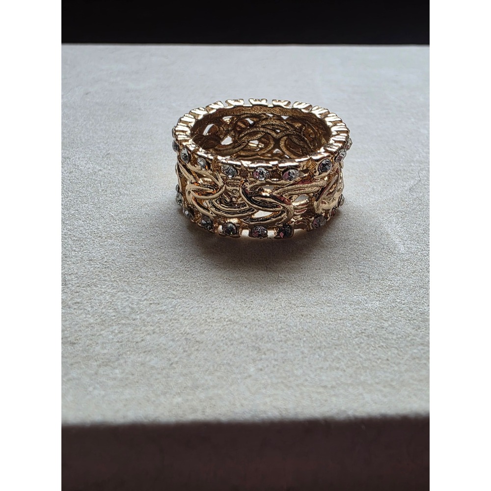 Vintage Gold Tone Wide Filigree Statement Ring Rhinestone Accents Ornate Band